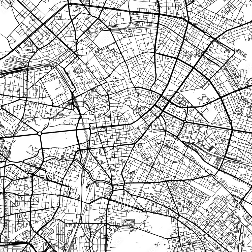 1:1 square aspect ratio vector road map of the city of  Berlin centrum in Germany with black roads on a white background.