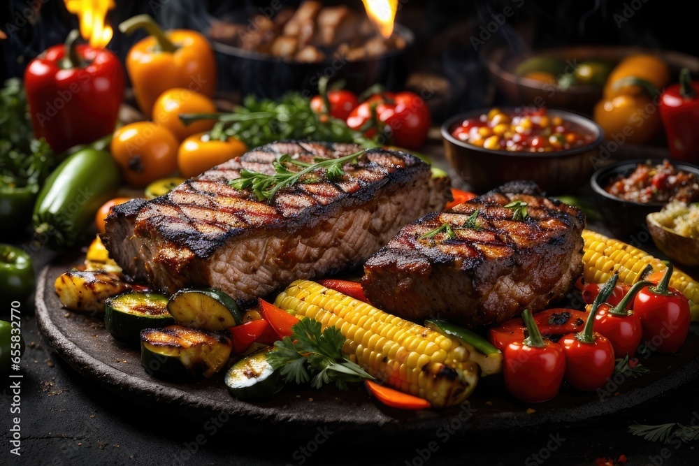 Fiery Grilled Meats and Fresh Vegetables on Black Background: Juicy BBQ Steak, Chicken, Pineapple, and Peppers delicious, AI Generated Fiery Grilled Meats and Fresh Vegetables on Black Background: Juicy BBQ Steak, Chicken, Pineapple, and Peppers delicious, AI Generated