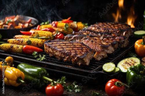 Fiery Grilled Meats and Fresh Vegetables on Black Background: Juicy BBQ Steak, Chicken, Pineapple, and Peppers delicious, AI Generated