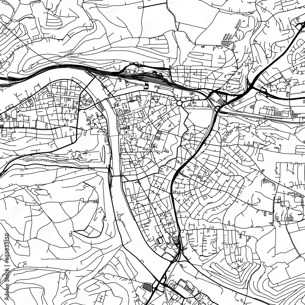 1:1 square aspect ratio vector road map of the city of  Wurzburg in Germany with black roads on a white background.