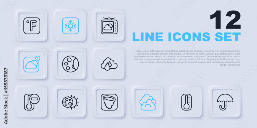 Set line Thermometer, Umbrella, Moon phases, Cloud, Weather forecast app, Eclipse of sun, Snowflake and Tornado icon. Vector Set line Thermometer, Umbrella, Moon phases, Cloud, Weather forecast app, Eclipse of sun, Snowflake and Tornado icon. Vector
