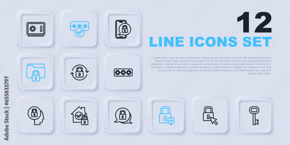 Set line Lock, Old key, Shield security with lock, Folder and, House under protection, Password and icon. Vector Set line Lock, Old key, Shield security with lock, Folder and, House under protection, Password and icon. Vector