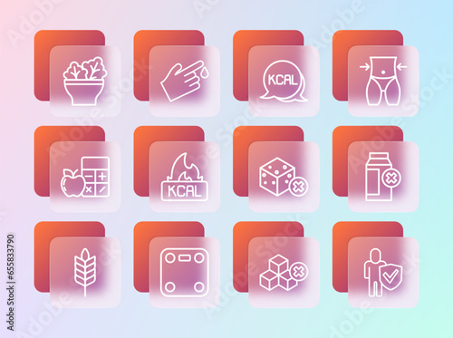 Set line Women waist, Bathroom scales, No sugar free, Kcal, Salad in bowl and Finger blood icon. Vector