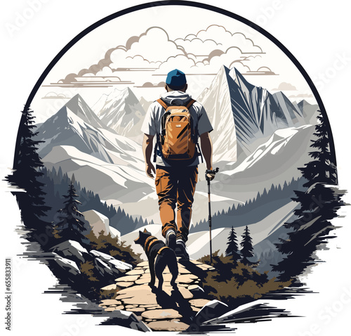 Man Hiking With a Don in a Mountain Vector Illustration
