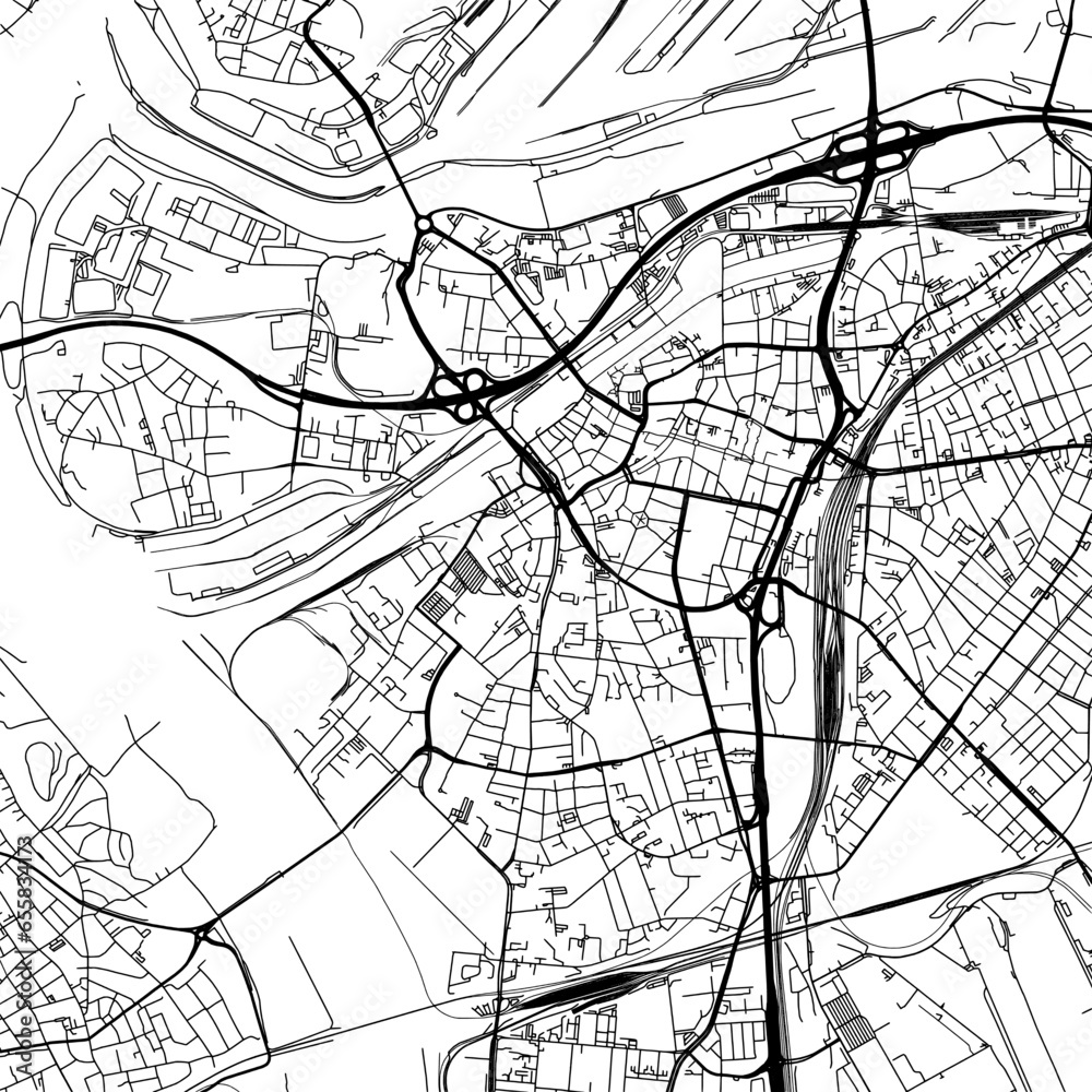 1:1 square aspect ratio vector road map of the city of  Duisburg in Germany with black roads on a white background.