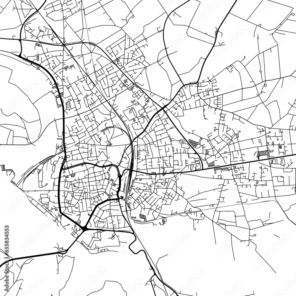 1:1 square aspect ratio vector road map of the city of  Wesel in Germany with black roads on a white background.