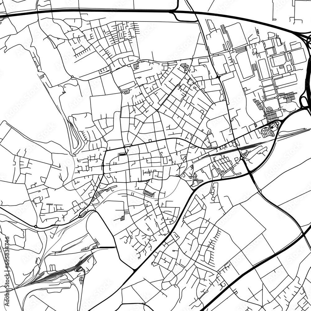 1:1 square aspect ratio vector road map of the city of  Frechen in Germany with black roads on a white background.