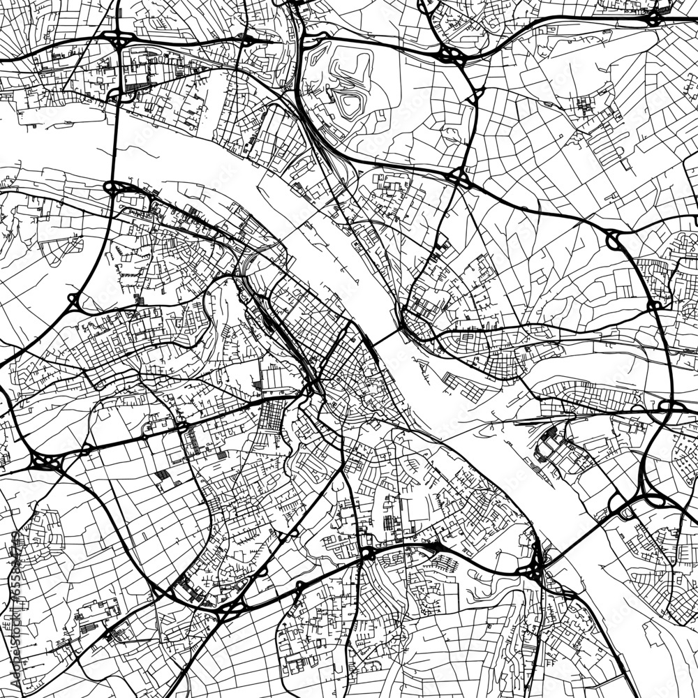 1:1 square aspect ratio vector road map of the city of  Mainz in Germany with black roads on a white background.