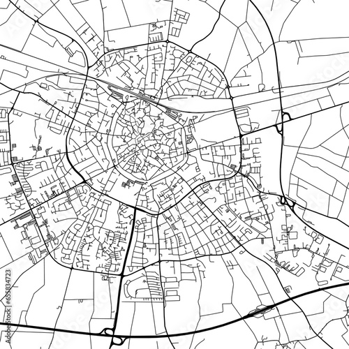 1:1 square aspect ratio vector road map of the city of  Soest in Germany with black roads on a white background.