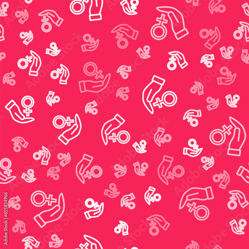 White line Female gender symbol icon isolated seamless pattern on red background. Venus symbol. The symbol for a female organism or woman. Vector
