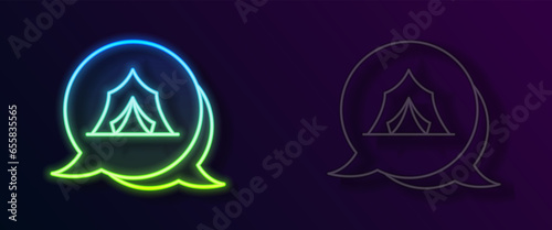 Glowing neon line Circus tent icon isolated on black background. Carnival camping tent. Amusement park. Vector