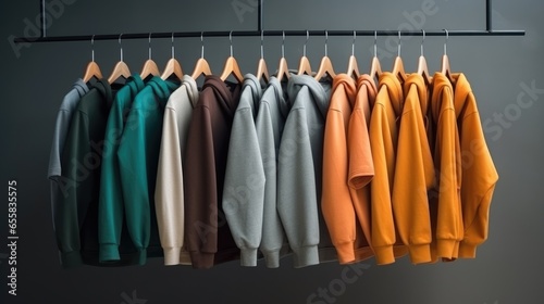 shirts and pullovers on hangers in a wardrobe 