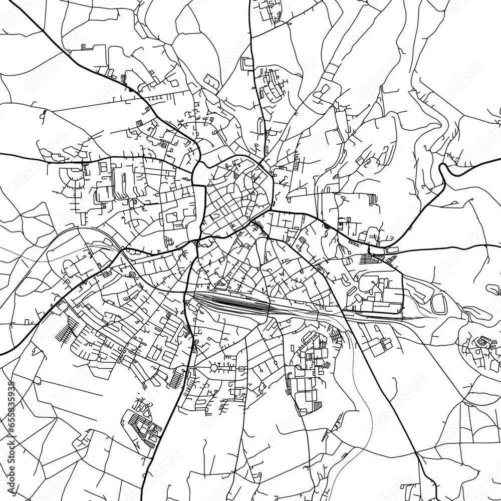 1:1 square aspect ratio vector road map of the city of  Freiberg in Germany with black roads on a white background.