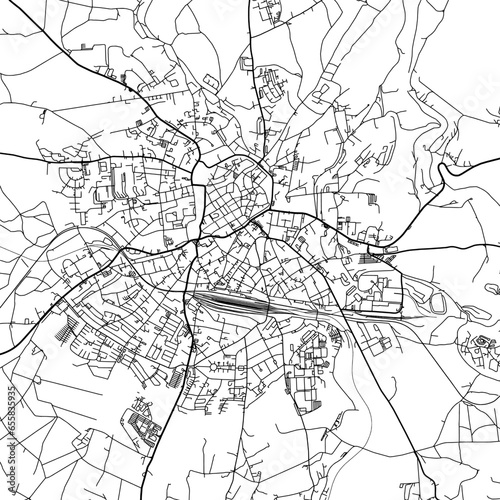 1:1 square aspect ratio vector road map of the city of Freiberg in Germany with black roads on a white background.