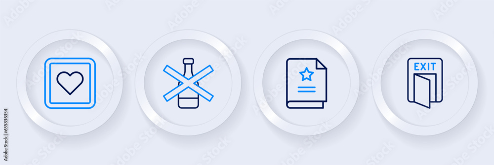 Set line Fire exit, Scenario, No alcohol and Like heart icon. Vector Set line Fire exit, Scenario, No alcohol and Like heart icon. Vector