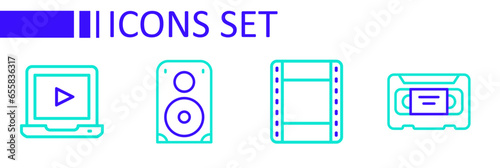 Set line VHS video cassette tape, Play, Stereo speaker and Online play icon. Vector