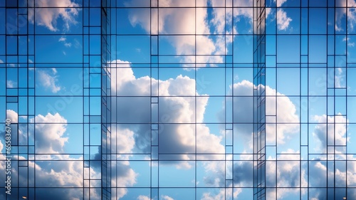 Office building with many windows reflect cloud and sky, creative architecture photot. Generative AI image weber. photo