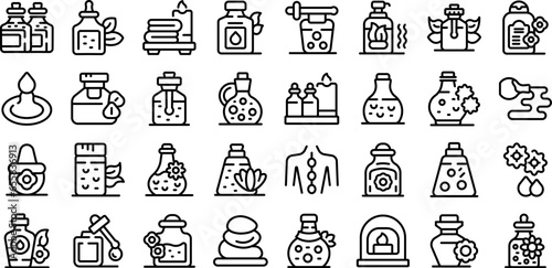 Massage oil icons set outline vector. Almond bottle. Health medical