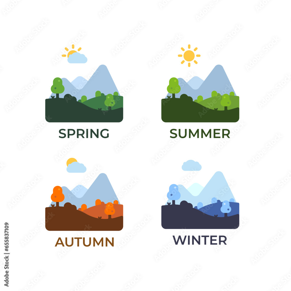 Spring, summer, fall, and winter icons in a flat minimalistic style ...