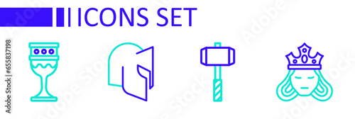 Set line Princess or queen, Battle hammer, Medieval helmet and goblet icon. Vector