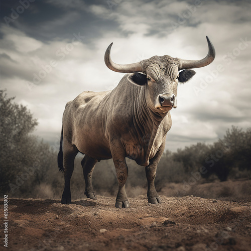 Full length portrait of a bull standing on a field in the countryside.  Blurred  olive plantation in background, selective focus. photo