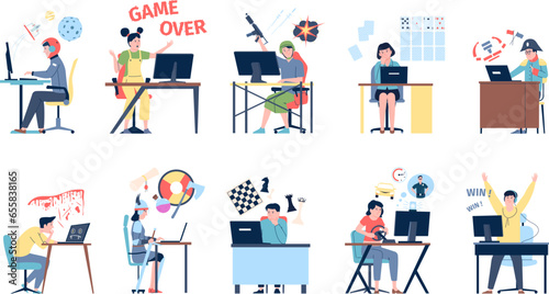 Cyber sport characters. E-sport teams competition, online games battles. Gamer at computer training or tournament. Players recent vector set