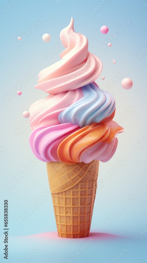 Fototapeta premium A colorful ice cream cone with bubbles coming out of it