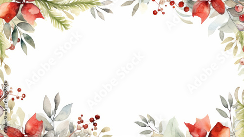 watercolour style Christmas frame with red and green seasonal leaves and berries