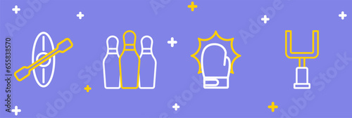 Set line American football goal post, Punch in boxing gloves, Bowling pin and Kayak and paddle icon. Vector