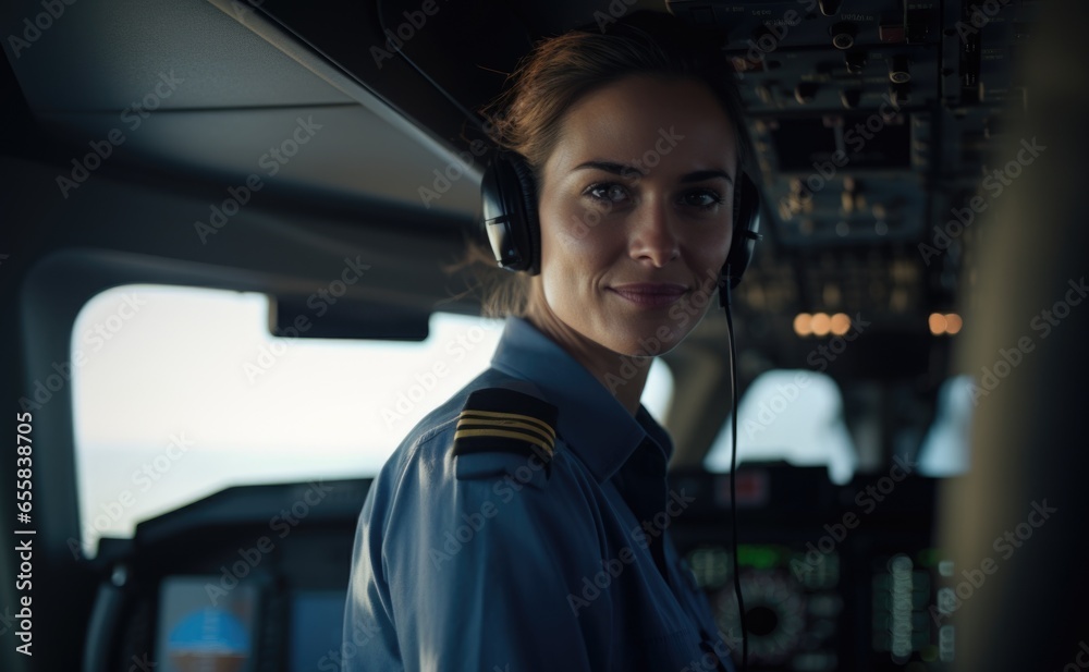A woman in a pilot's uniform wearing headphones A woman in a pilot's uniform wearing headphones