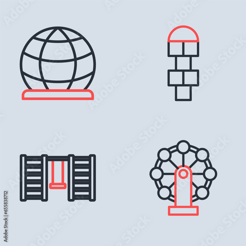 Set line Hopscotch, Swedish wall, Swing for kids and Playground climbing equipment icon. Vector