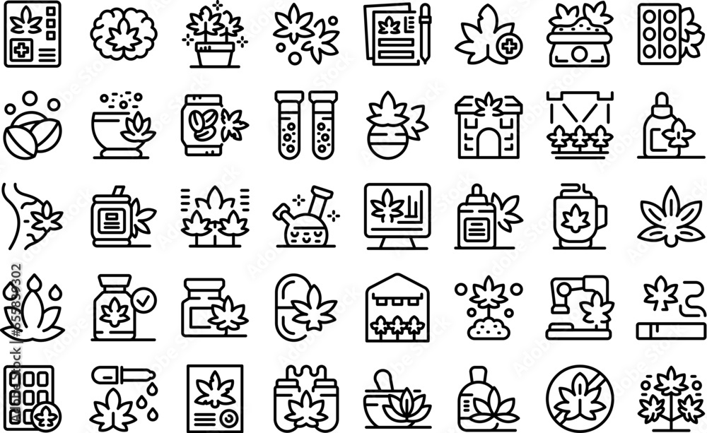 Cannabis icons set outline vector. Medical weed. Medicine drug Cannabis icons set outline vector. Medical weed. Medicine drug
