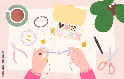 Jewelry making on workshop top view. Hands doing necklace or bracelet. Handicraft and handmade accessories, decorative fashion racy vector scene