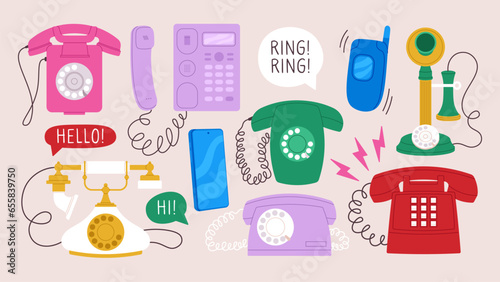 Various retro telephones, flat vintage phones collection. Wire phones doodle drawing, stylish gadgets nostalgie. Phone system racy vector set