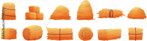Cartoon hay collection. Hays stacks and bales, agriculture seasonal elements. Autumn time on farm or village, harvest haystacks nowaday vector set