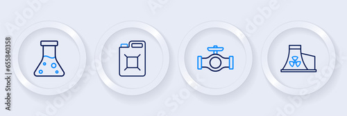 Set line Nuclear power plant, Oil pipe with valve, Canister for gasoline and petrol test tube icon. Vector