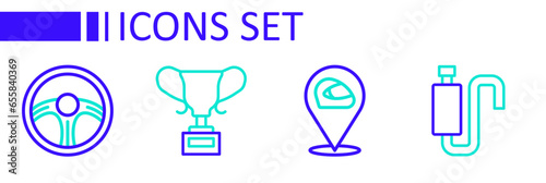 Set line Car muffler, Racing helmet, Award cup and steering wheel icon. Vector