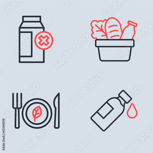 Set line Shopping bag and food, Vegan diet, Bottle of water and Lactose intolerance icon. Vector