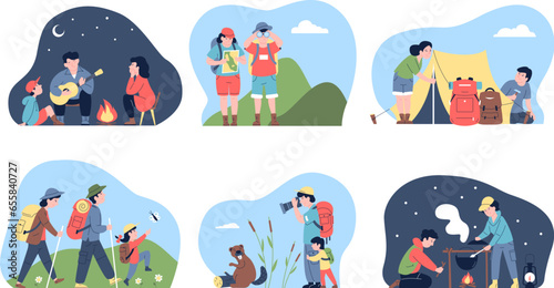 Hiking characters cartoon flat scenes. Tourist with backpacks, adventure and expedition on nature. Family at night fire, recent vector concepts