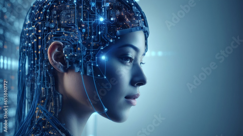 Portrait of a woman android humanoid artificial intelligence robot neon blue lights neurons