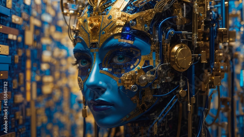 Portrait of a woman android humanoid artificial intelligence robot neon blue lights neurons