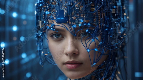 Portrait of a woman android humanoid artificial intelligence robot neon blue lights neurons