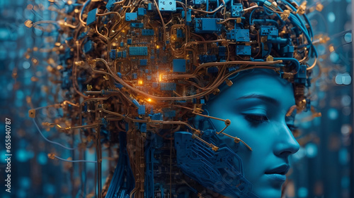 Portrait of a woman android humanoid artificial intelligence robot neon blue lights neurons
