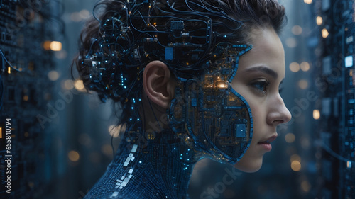 Portrait of a woman android humanoid artificial intelligence robot neon blue lights neurons