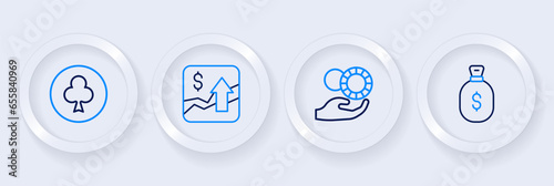 Set line Money bag, Hand holding casino chips, Financial growth increase and Playing card with clubs symbol icon. Vector