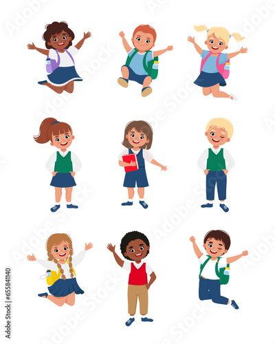 Happy school children in uniform jumping with backpacks. Set of Pupils. Vector illustration in flat style