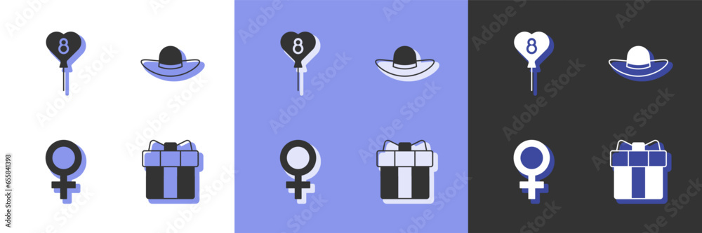 Set Gift box and heart, Balloons with 8 March, Female gender symbol and Elegant women hat icon. Vector