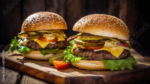 Two delicious burgers made from beef cheese and vegetables on a wooden board