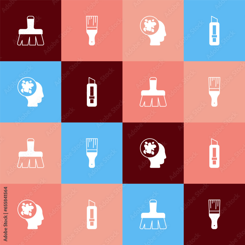 Set pop art Paint brush, spray and Stationery knife icon. Vector Set pop art Paint brush, spray and Stationery knife icon. Vector