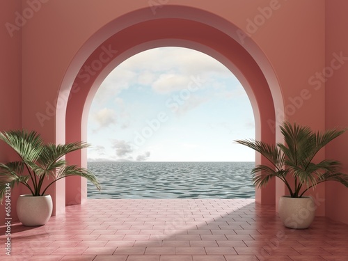 Abstract architectural design on the backdrop of the ocean with sunset and sunrise on the beach - 3d render. Bright arches in the wall overlooking the sea and tropical palm trees - card for travel. © Jools_art